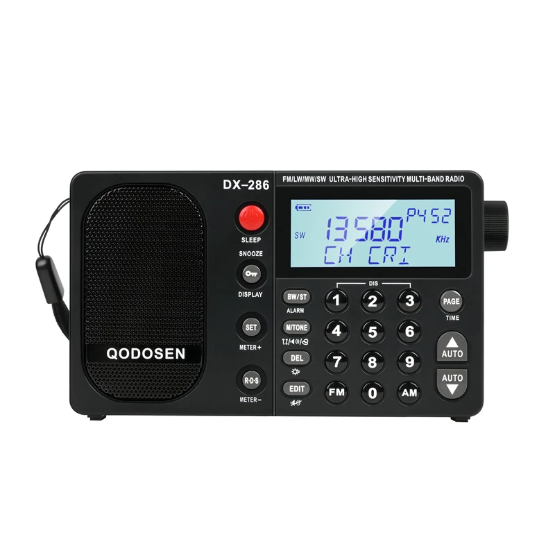 Radio portátil QODOSEN DX-286 AM/FM/LW/SW, radio digital de banda completa mundial con chip para automóvil TEF6686 (con batería)