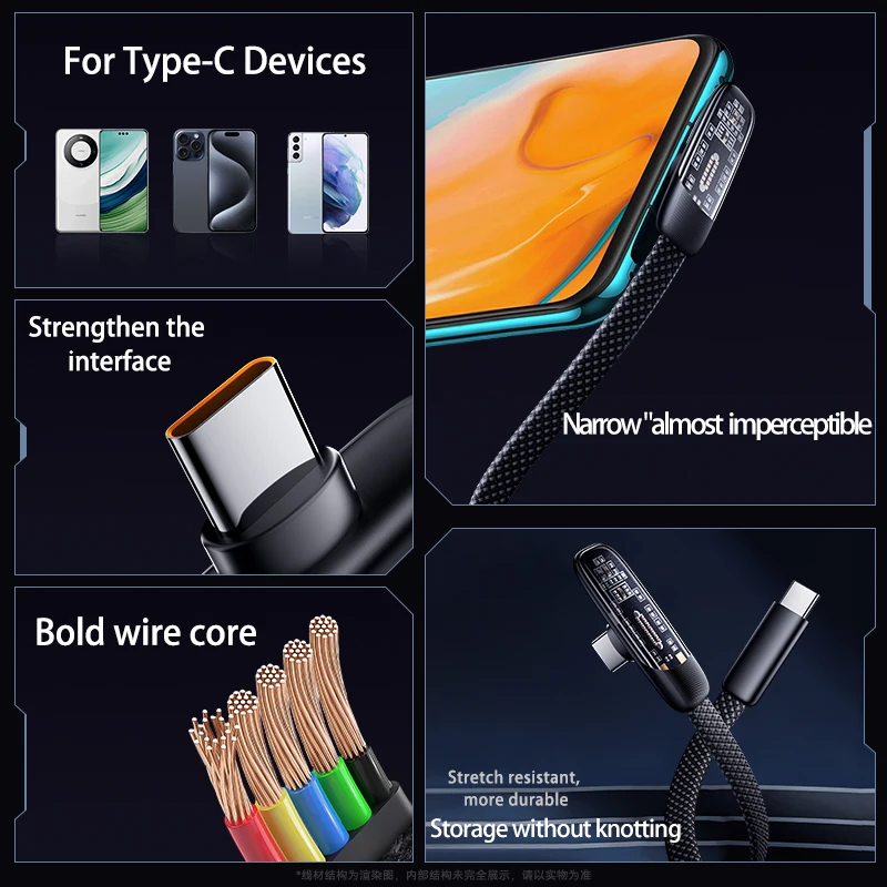 Cable de Carga Rápida Tipo C a Tipo C de 100W 6A con Conector en Ángulo para Samsung S24, Huawei, Xiaomi P40, Teléfono Android, USB C, MacBook Pro, iPad Pro