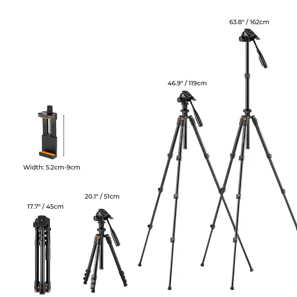 Trípode de Video K&F CONCEPT de 64 Pulgadas/162 cm, Trípodes Ligeros de Aluminio para Fotografía, Transmisión en Vivo, Soporte para Teléfono con Cámara DSLR