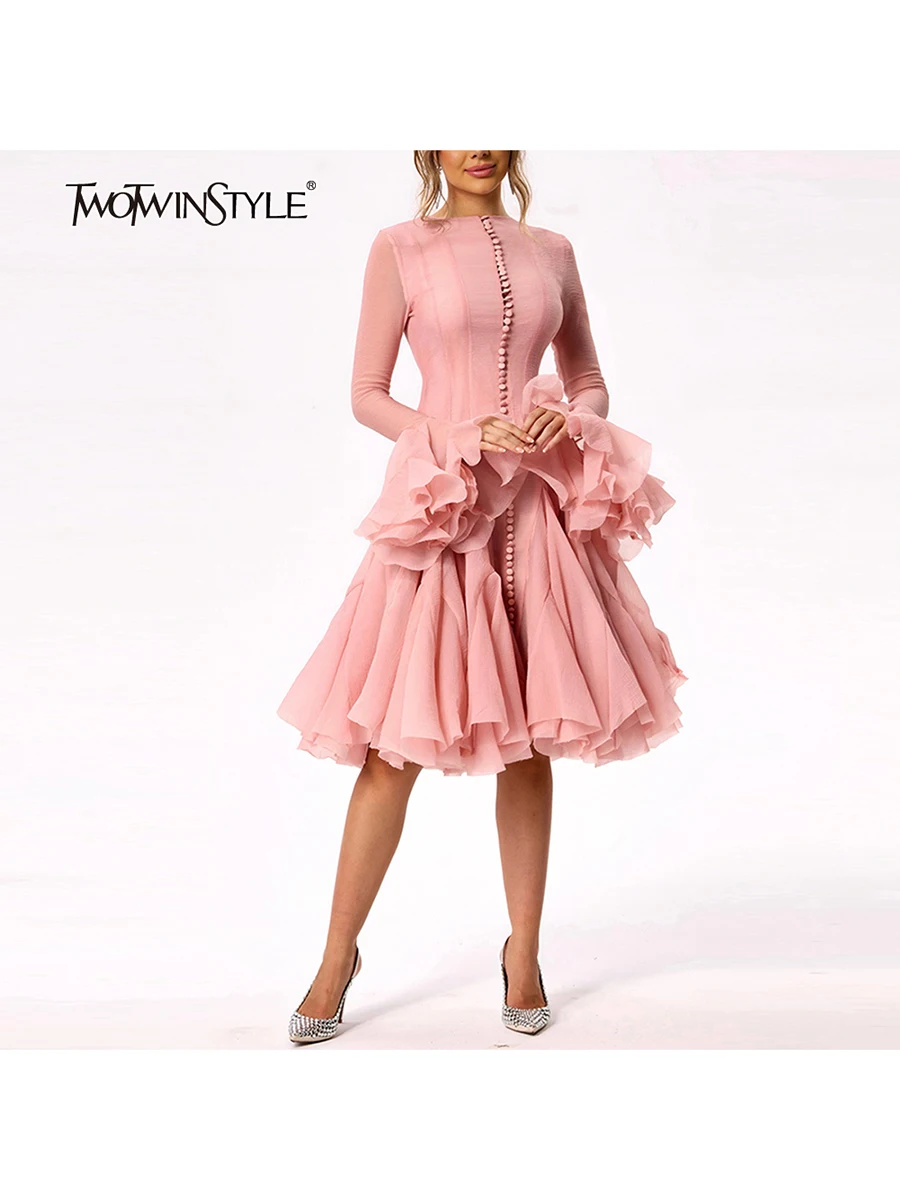TWOTWINSTYLE, vestido de mujer, retales plisados irregulares, moda, manga larga acampanada, Mini vestidos ceñidos en la cintura, Ropa nueva 2024