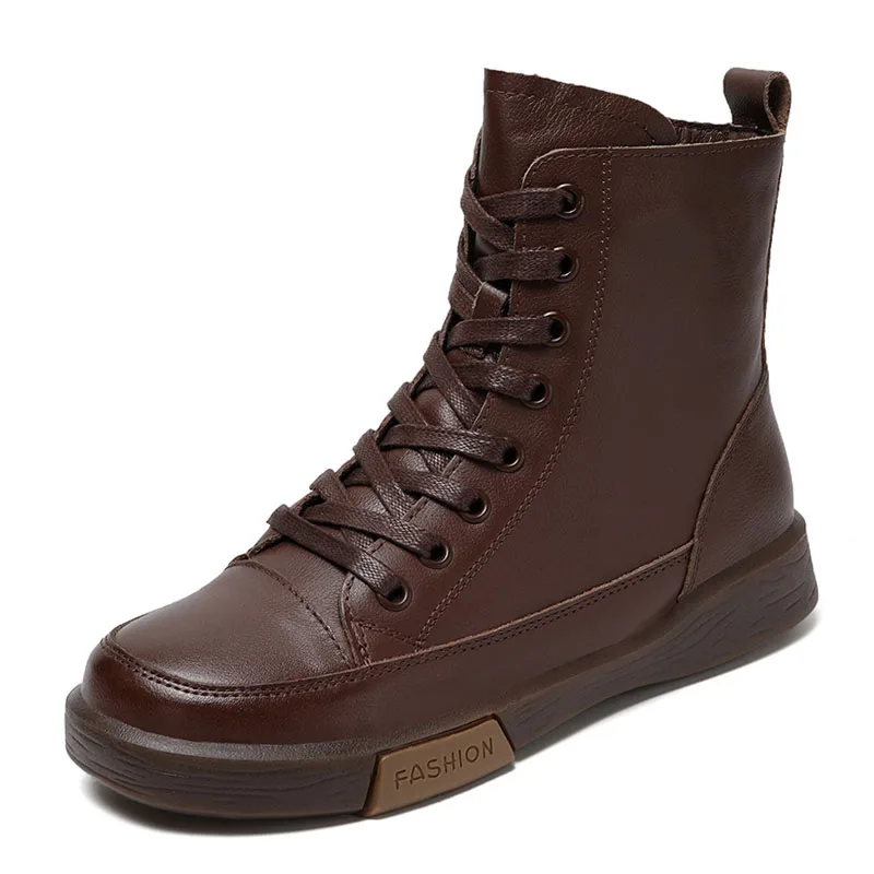 DRKANOL, botas cortas de cuero genuino para mujer, punta redonda, cuero genuino, hecho a mano, estilo callejero Retro, botines planos cálidos de invierno