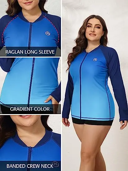 Anfilia-traje de baño de talla grande para mujer, traje de baño de manga larga con protección solar, cremallera, bloque de Color degradado, secado rápido, Top de surf
