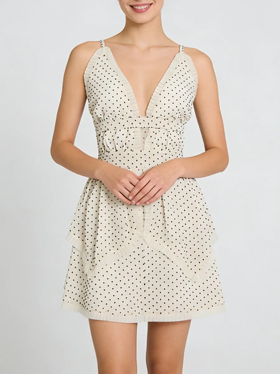 Vestido Mini Elegante y Entallado con Estampado de Puntos Ondulados de TWOTWINSTYLE para Mujer, Cuello en V, Sin Mangas, Espalda Descubierta, Vestidos Fruncidos con Parches para Mujer