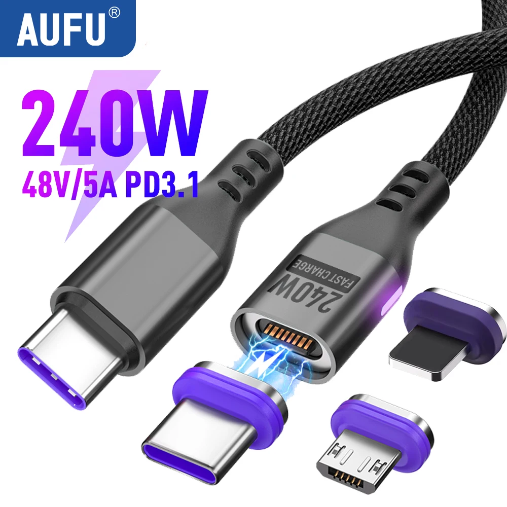 AUFU PD240W Cable magnético tipo C para Macbook PC 5A imán de carga súper rápida USB-C cargador Cable de datos para iPhone Samsung Xiaomi