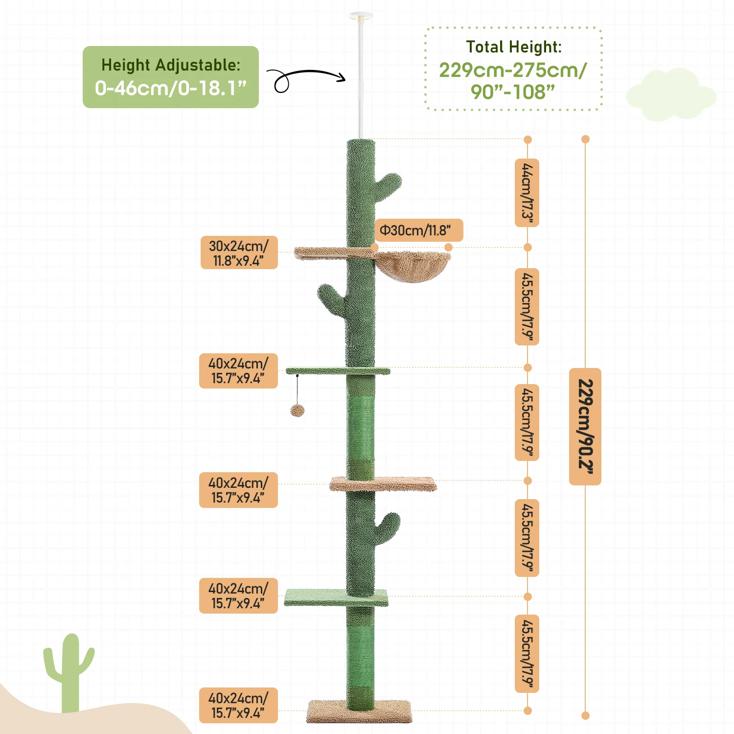 Árbol para gatos de 5 niveles, torre para gatos de piso a techo, árbol trepador alto de Cactus con poste rascador, hamaca, bola colgante para gatos de interior