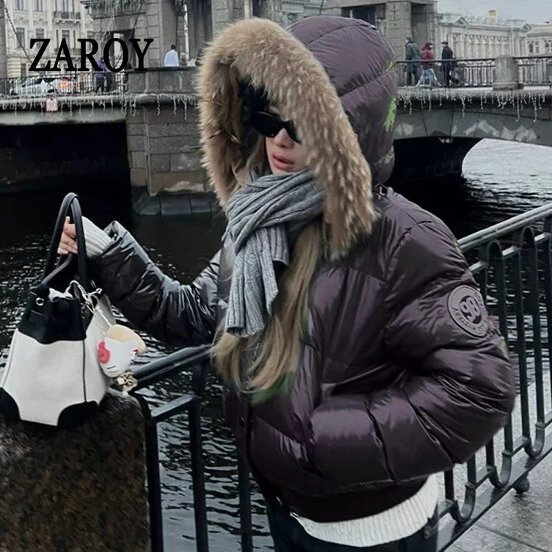 ZAROY Chaqueta acolchada de algodón con capucha de piel sintética para mujer, abrigo de invierno con bolsillos con cremallera, parkas acolchadas retro Y2K, ropa de abrigo de estilo urbano