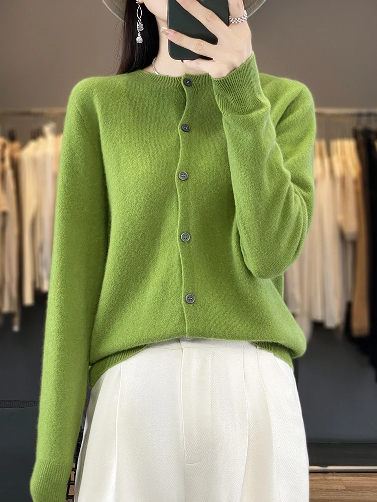 Suéter de lana merina de 100% para mujer, cárdigan con cuello redondo, prendas de punto con botones de estilo básico, Tops suaves informales para Otoño e Invierno