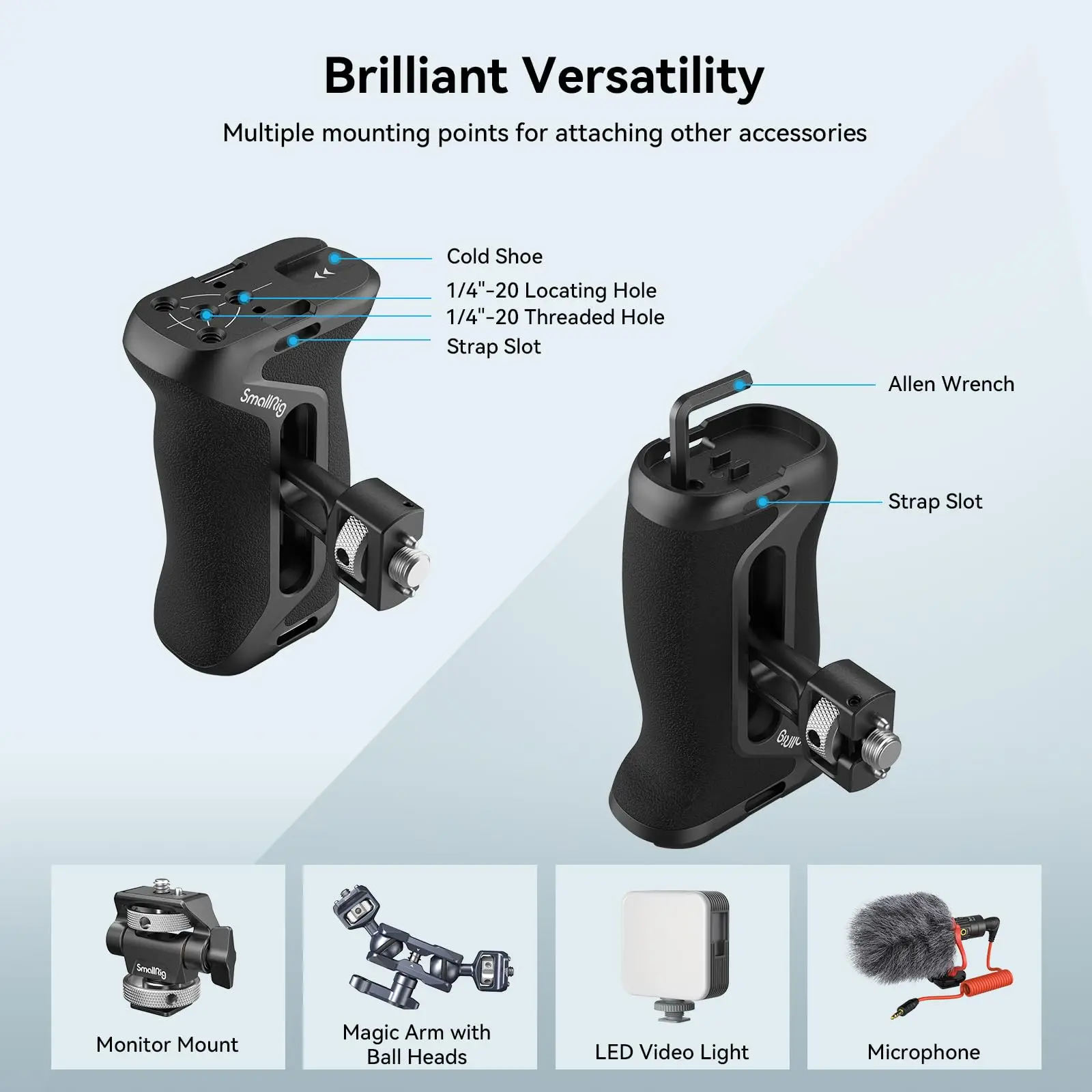 Manija lateral ajustable SmallRig con tornillo de localización dos en uno para jaulas y placas con ARRI 3/8"-16 o 1/4"-20 orificios izquierda/derecha