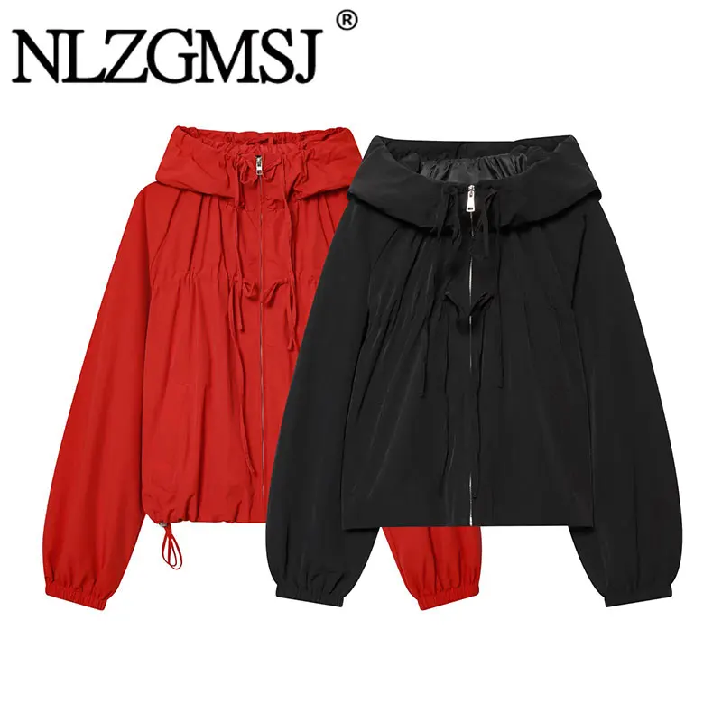 Nlzgmsj Chaqueta Casual con Capucha Roja para Mujer, Primavera 2026, Manga Larga, Cierre de Cremallera, Chaqueta Corta, Moda Y2K