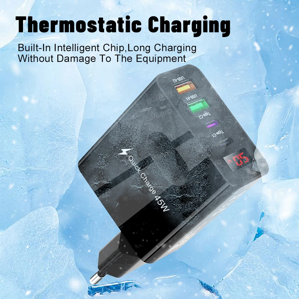 Cargador de pantalla Digital de 4 puertos, cargador USB tipo C, carga rápida 3,0 PD, adaptador de carga de teléfono para Xiaomi, iPhone, Samsung, viaje C