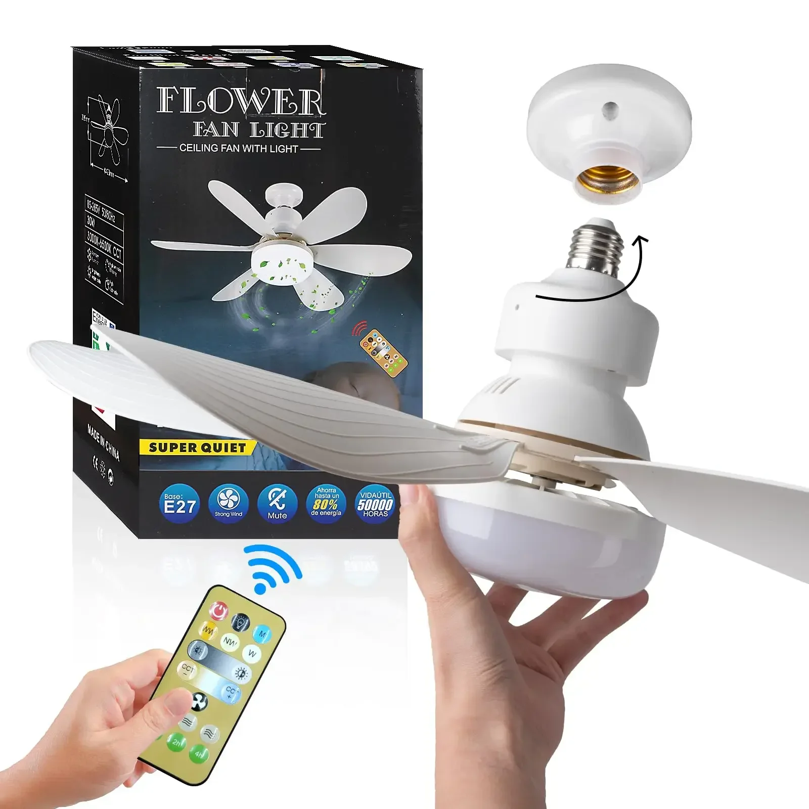 Ventilador de techo LED de 40W con luz E27 y control remoto para atenuación, adecuado para sala de estar, estudio, uso doméstico, 85-265V