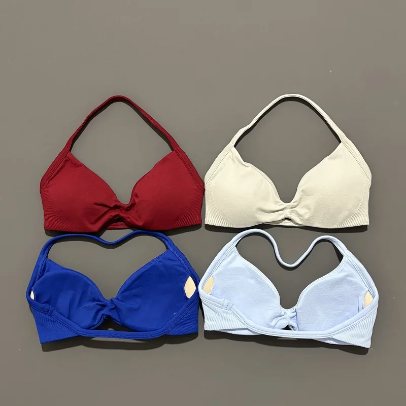 Sujetador deportivo con tiras y espalda descubierta para Yoga, sujetador de gimnasio, Push-up, copas extraíbles, ropa de entrenamiento para mujer, Top de gimnasio, sujetadores deportivos con cuello Halter
