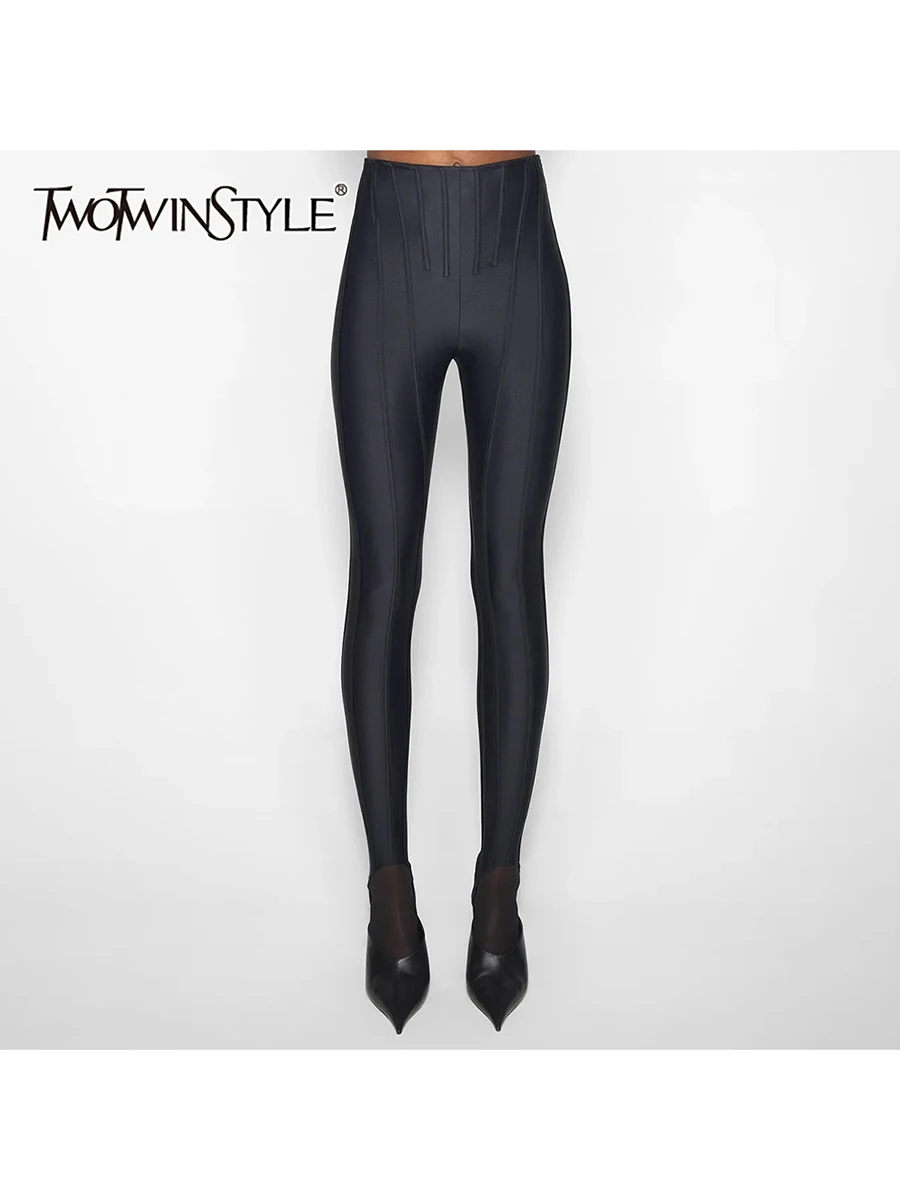 TWOTWINSTYLE, pantalones minimalistas lisos adelgazantes con decoración de línea empalmada para mujer, pantalones de tiburón a la moda de cintura alta para mujer, novedad de otoño