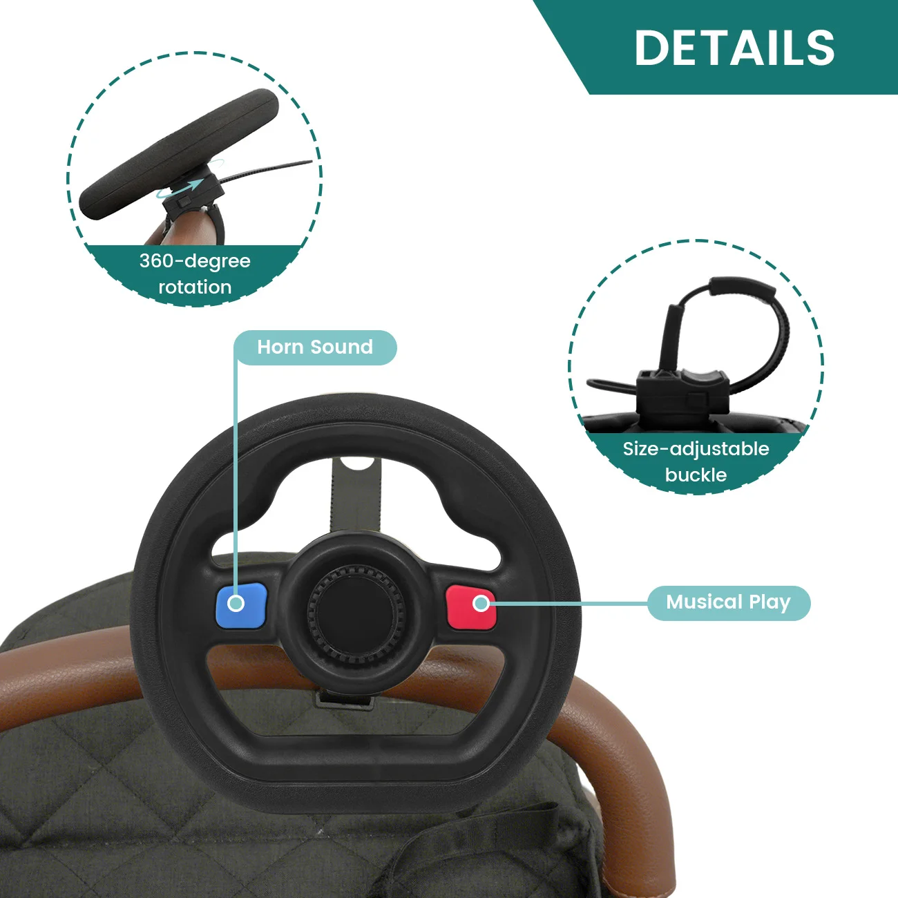 Juguete de Volante para Cochecito de Bebé, Juguete Musical de Simulación de Conducción con Sonido de Bocina, Soporte Ajustable 360° °   Juguete Giratorio para Niños Pequeños
