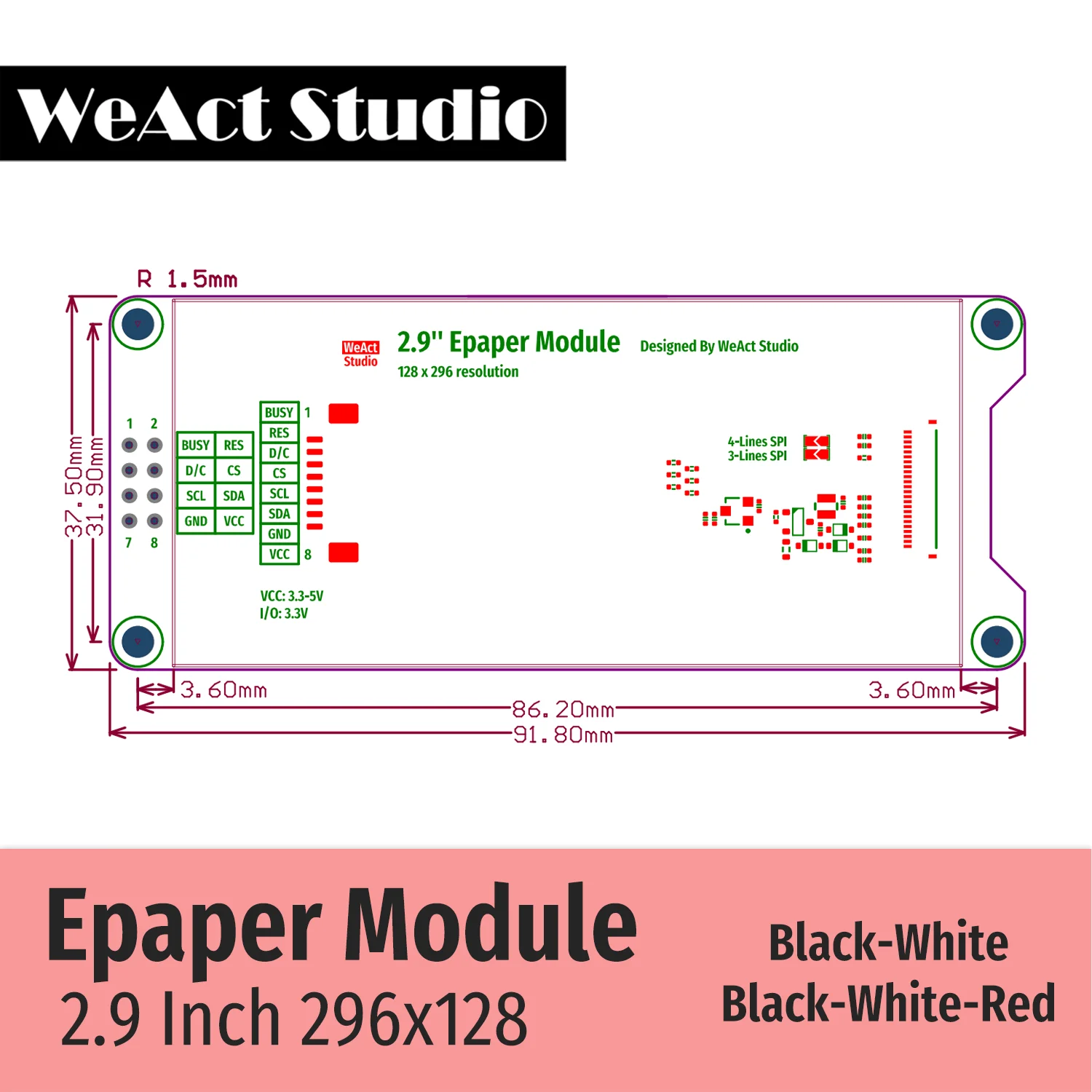WeAct 2.9 ''2.13" 2.9 2.13 pulgadas Módulo Epaper E-paper E-Ink Pantalla EInk SPI Negro-Blanco Negro-Blanco-Rojo