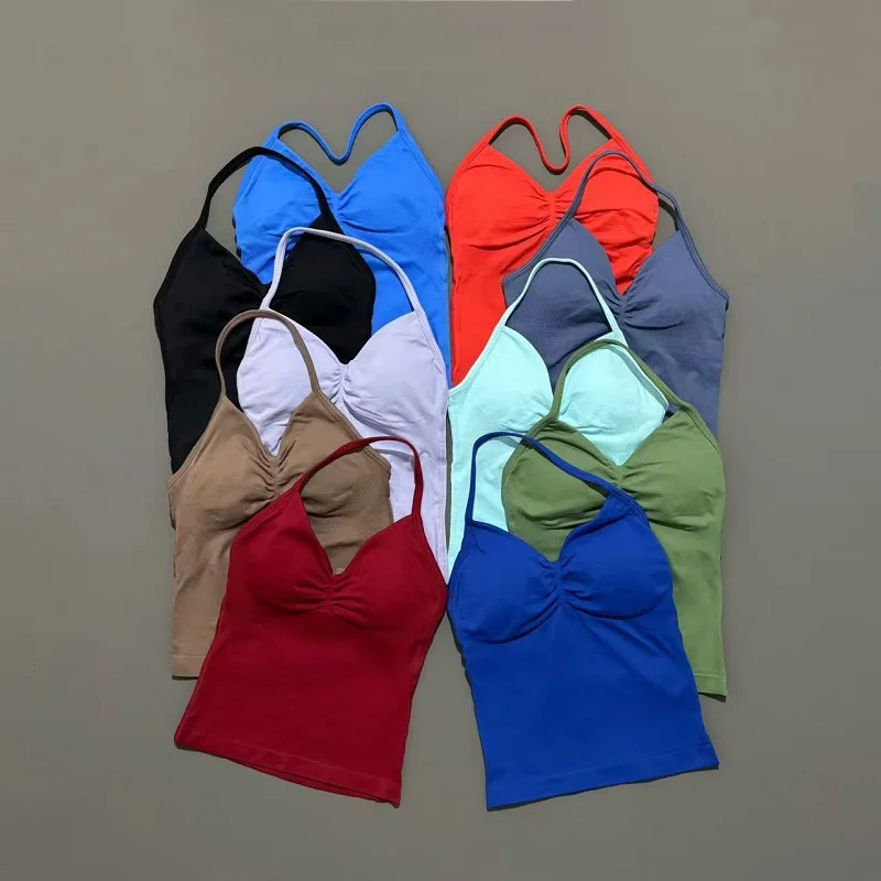 Camisetas deportivas para gimnasio para mujer, camiseta sin mangas para Yoga con almohadillas extraíbles, Top deportivo sin mangas con cuello en V, chaleco deportivo para correr y Fitness