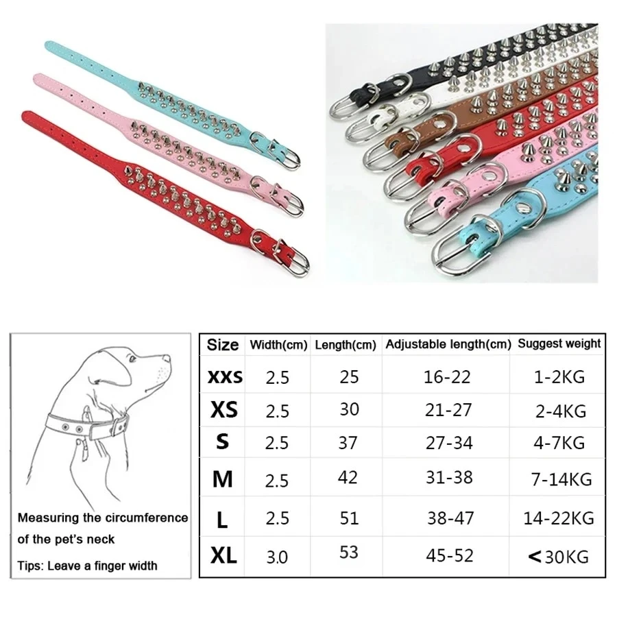 Collar de cuero ajustable para perro, correa para el cuello, suministros de cuero PU, remache Punk, Collar para perro con pinchos, collares para mascotas para perros pequeños y gatos