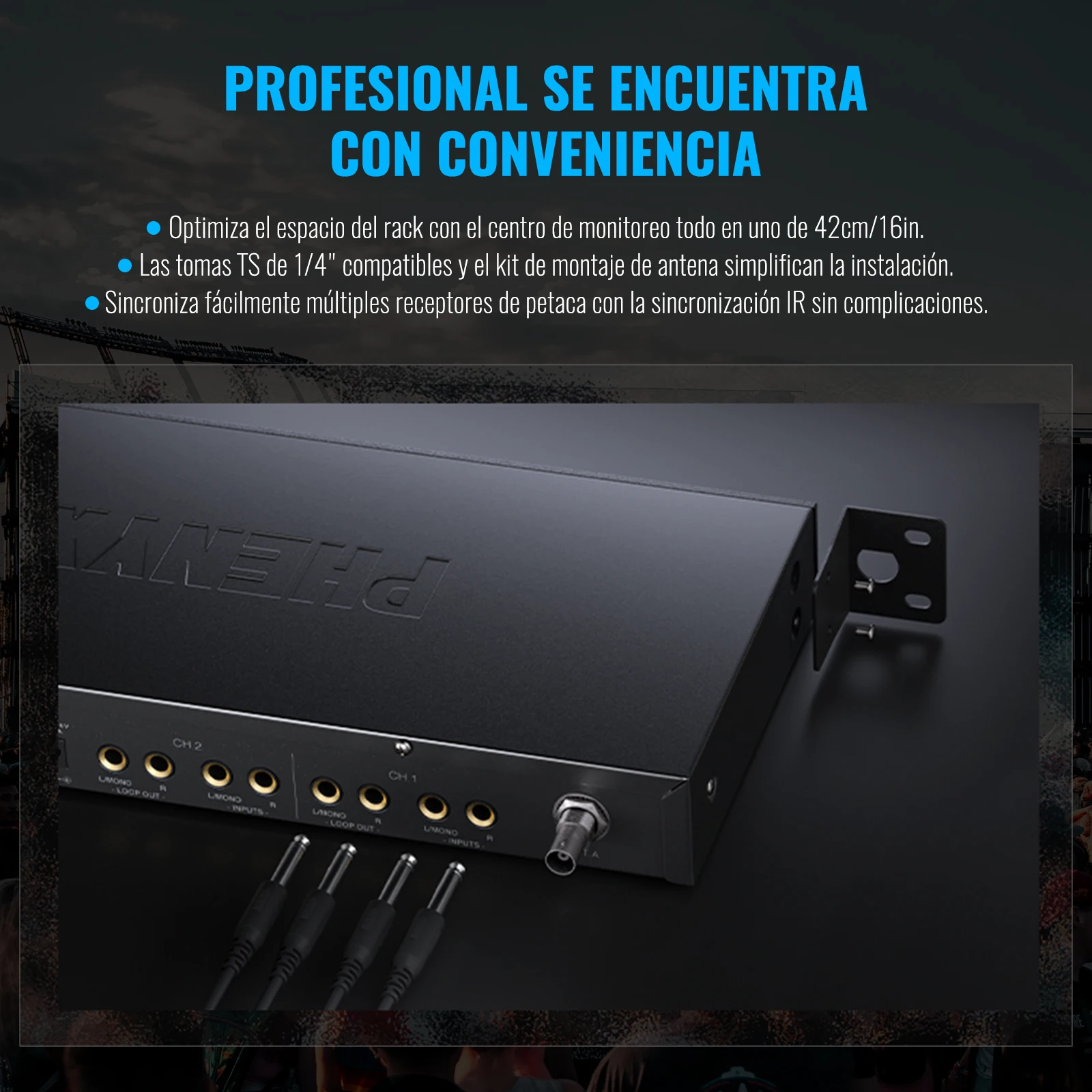 Sistema de Monitoreo Inalámbrico In-Ear Phenyx Pro PTM-33 de 4 Canales Mono con Soporte de Rack para Iglesia y Bodas