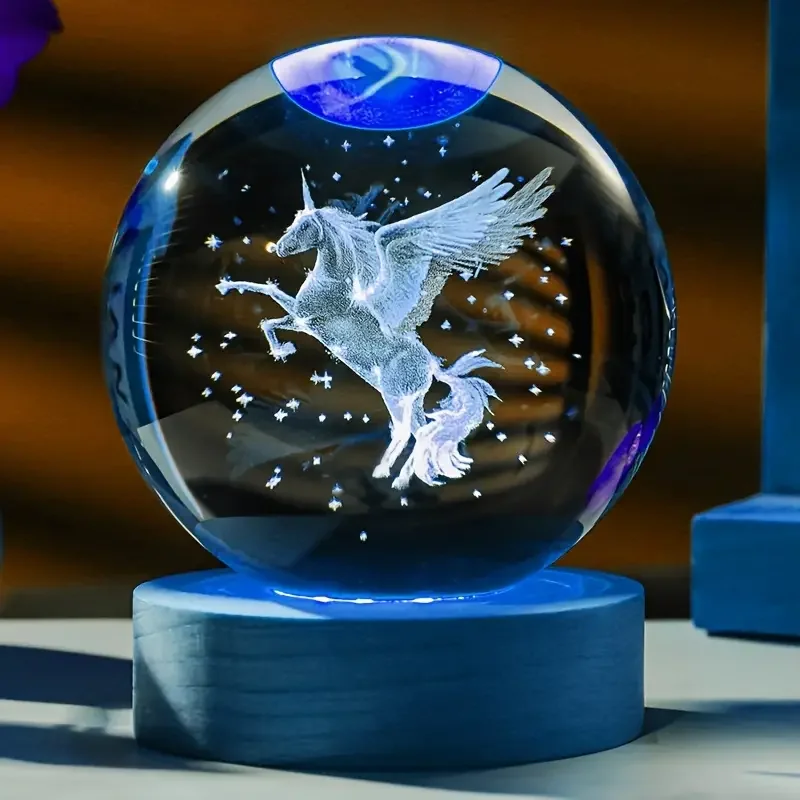1 bola de cristal tallada con láser 3D de unicornio con portalámparas LED de color madera, decoración del hogar, novia, colega, nacimiento de esposa