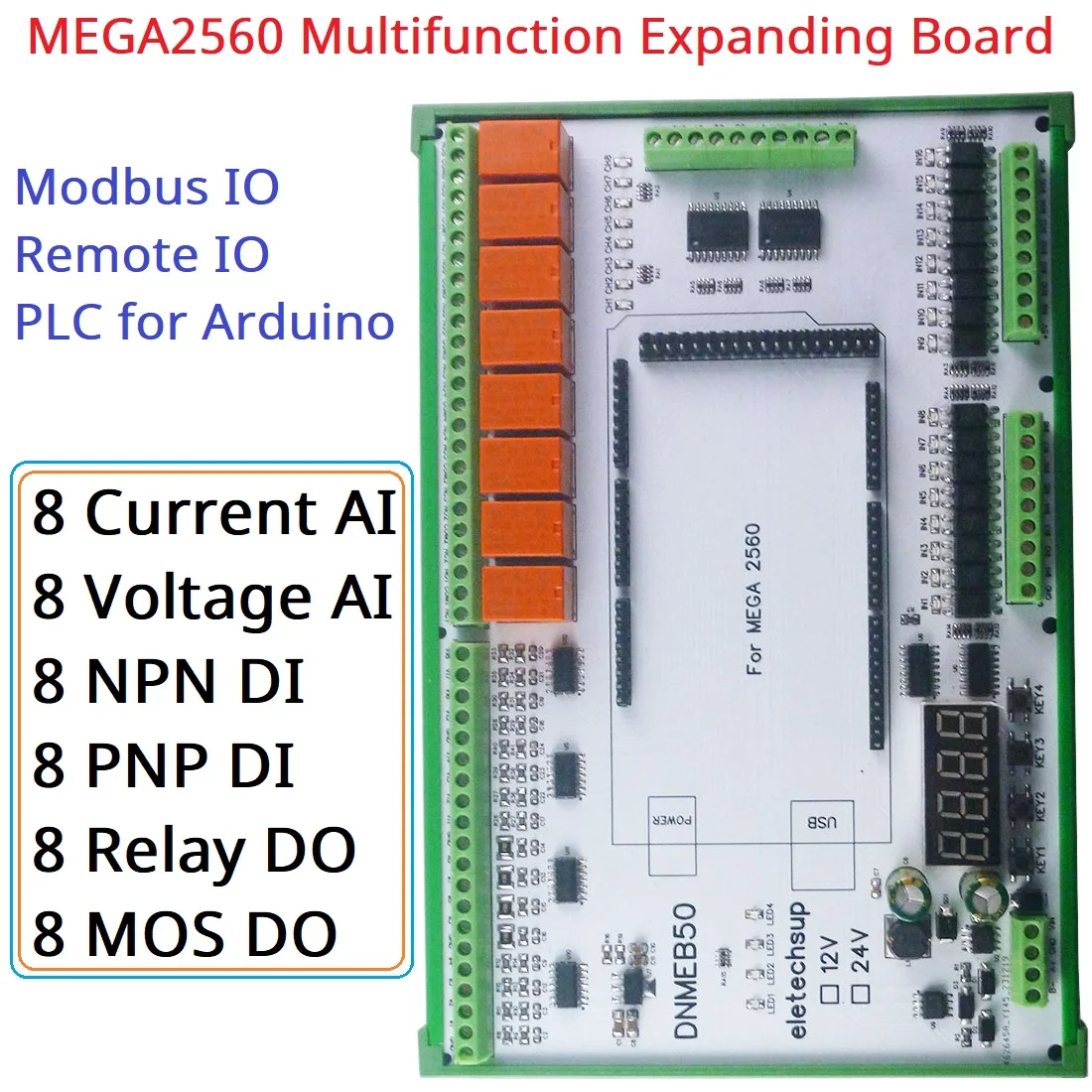 16AI-16DI-16DO 4-20MA corriente 0-5V/10V/30V voltaje contacto húmedo seco MOS RS485 relé MEGA2560 R3 placa de expansión para Arduino PLC