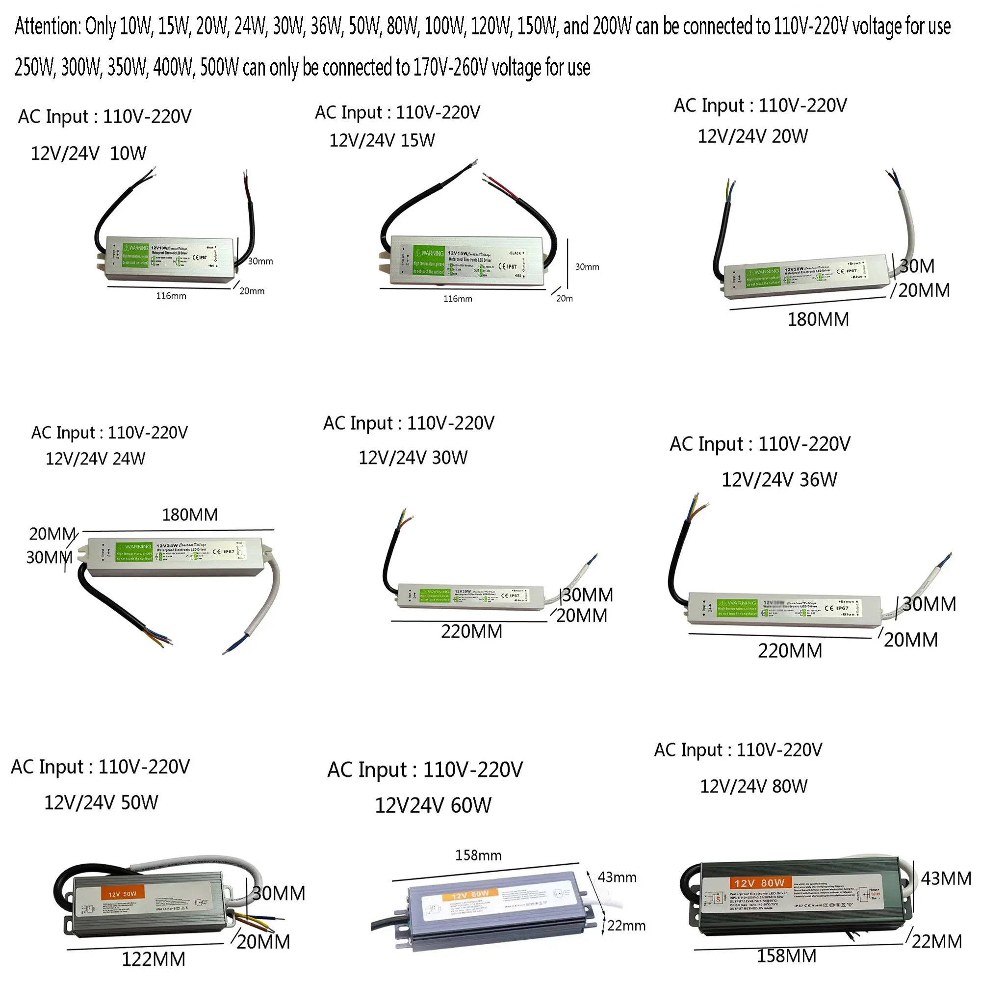 Fuente de alimentación impermeable para exteriores, transformador de iluminación IP67, AC110V~220V a DC 12V 24V, controlador LED de 10W 20W 50W 100W 400W, adaptador