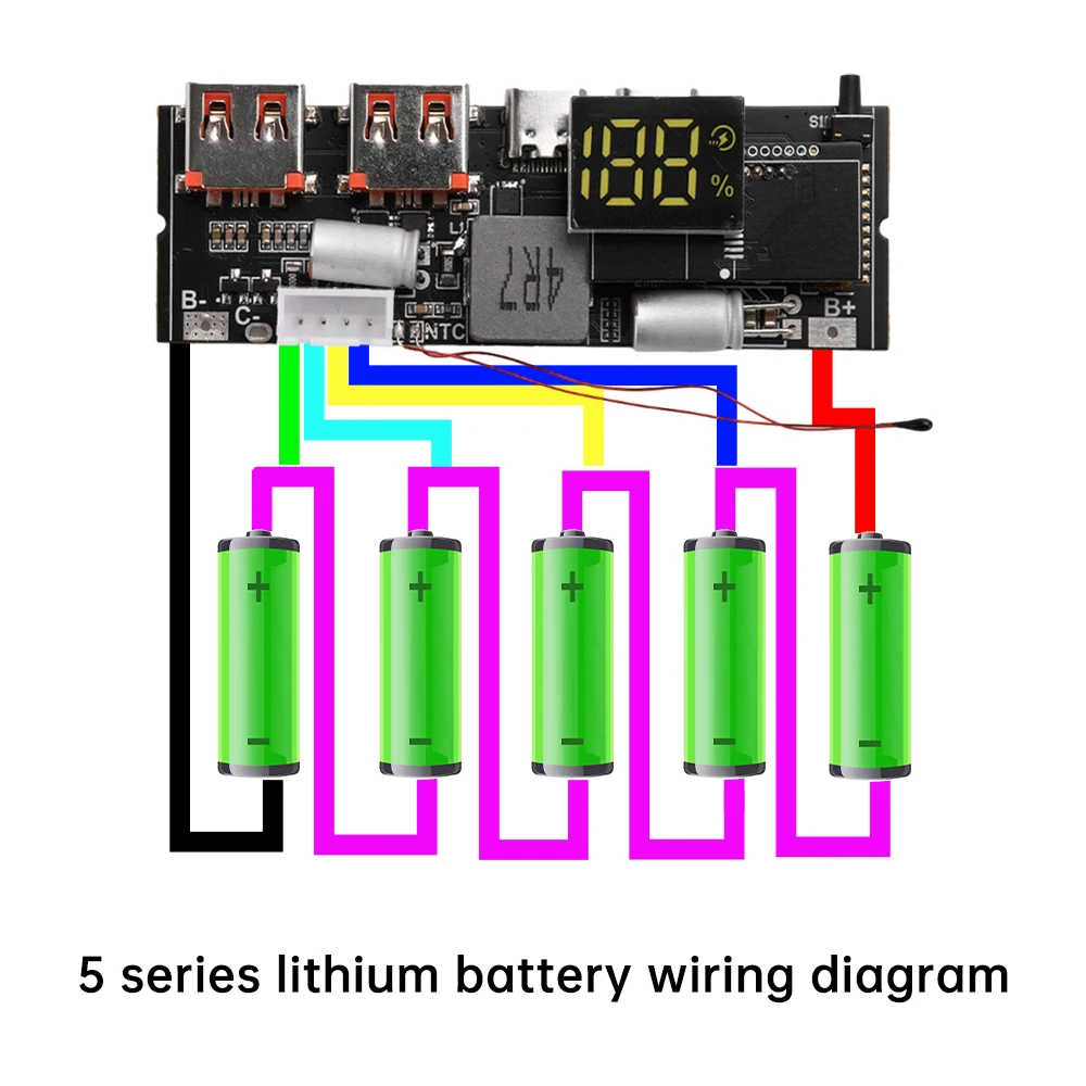 Placa Base de Carga Rápida 3S 4S 5S para Móviles, Módulo de Banco de Energía Bidireccional PD65W PD100W con Pantalla de Electricidad y Puertos USB+Type-C