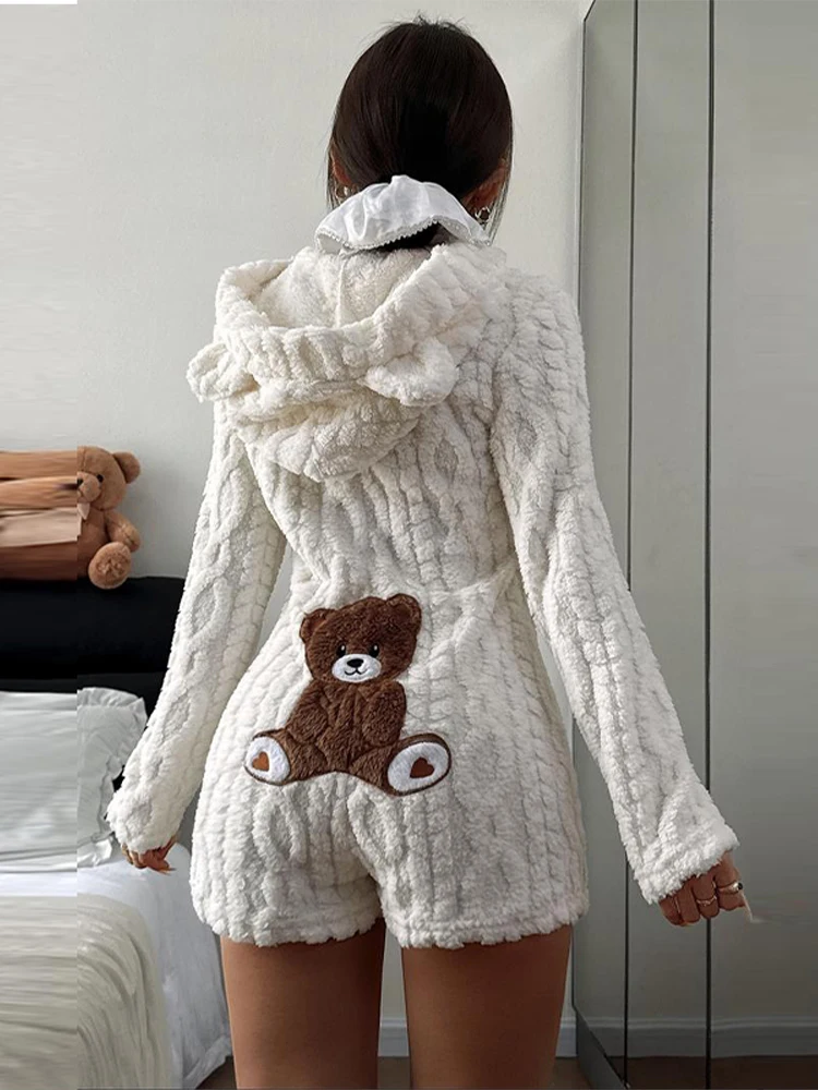 Pantalones Cortos de Felpa con Capucha y Estampado de Oso de Dibujos Animados para Mujer, Novedad de Otoño-Invierno, Atuendo Cálido y Cómodo sin Esfuerzo