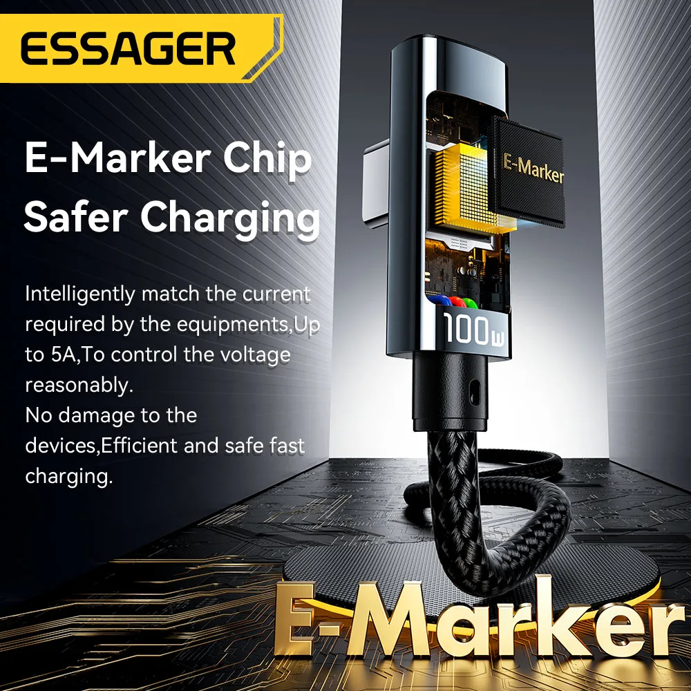 Essager PD100W Cable USB C a tipo C Cable de carga rápida codo de 90 grados con pantalla para Iphone 15 Huawei Samsung Macbook Pro