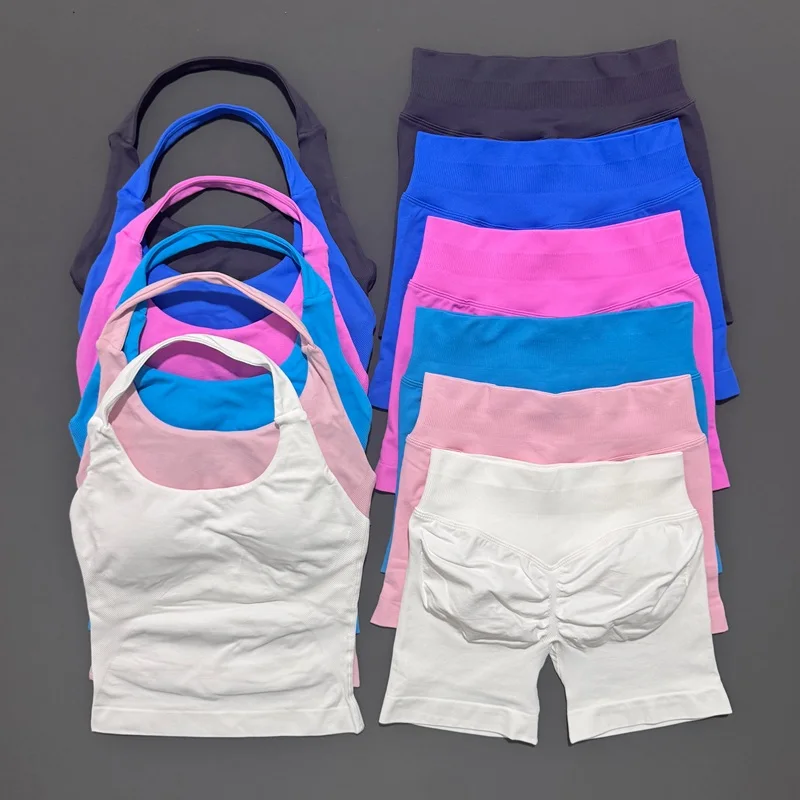 Conjunto deportivo Histello de 2 piezas para mujer, cuello Halter, a prueba de golpes, palangre, Top con tiras, pantalones cortos de entrenamiento, conjuntos de ropa deportiva, traje de gimnasio