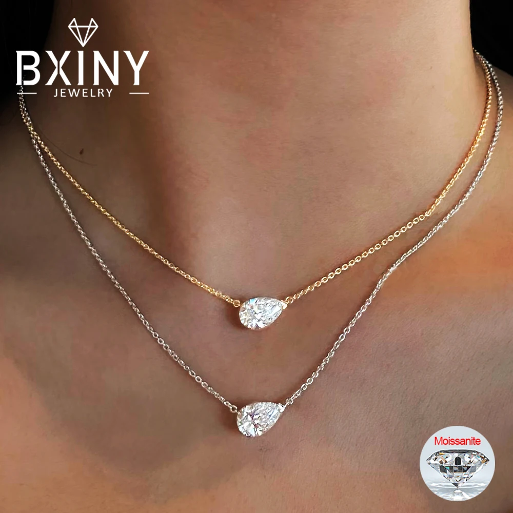 BXINY 1-3CT collar con colgante de moissanita con corte de pera S925 plata East West Solitaire gota de agua cadena de cuello de diamante para joyería de mujer