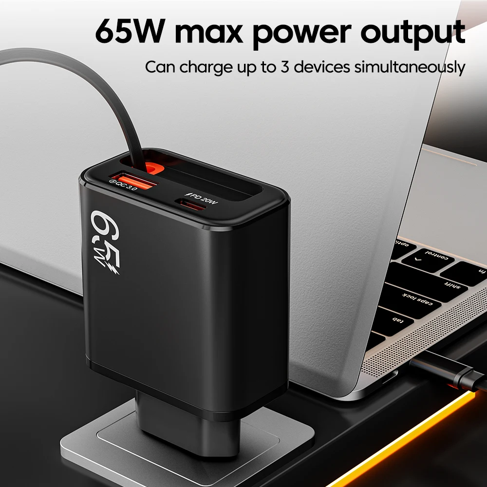 Cargador Rápido USB C de 65W con Cable Retráctil Tipo C, Adaptador de Pared con Enchufe EU/US/UK para iPhone, Samsung, Xiaomi, Huawei, Carga PD