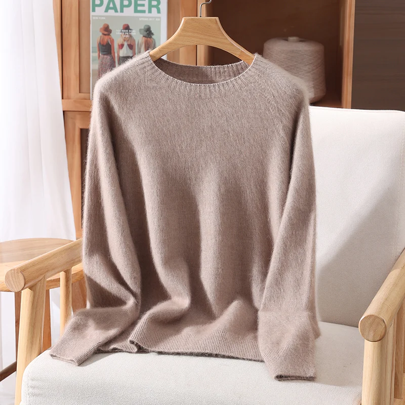 Jersey básico para mujer, suéter de cachemira de visón 100%, suéter suave de punto con cuello redondo para otoño e invierno, camiseta nueva cálida de manga larga