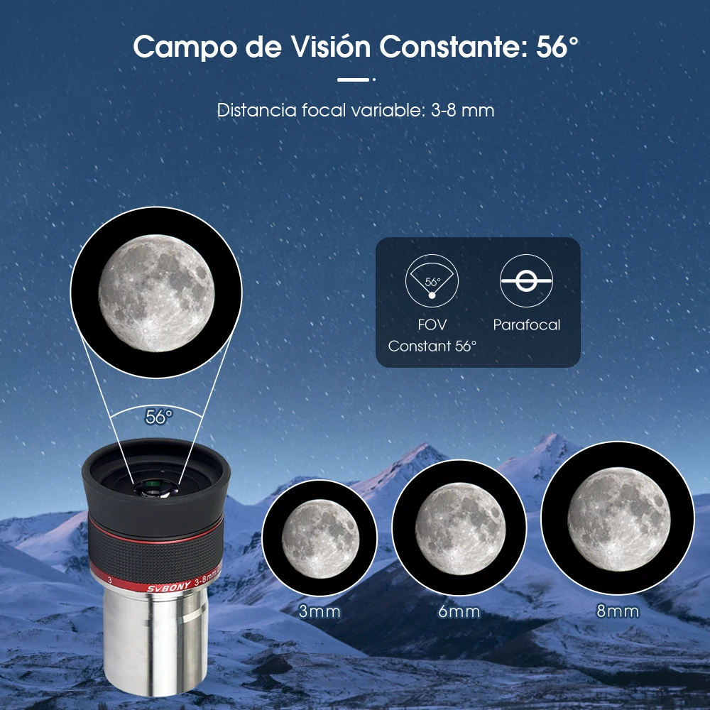Svbony Ocular con zoom Svbony SV215 de 1,25 pulgadas y 3-8 mm, con diseño parfocal, accesorio para telescopios de alta potencia para observación lunar y planetaria.