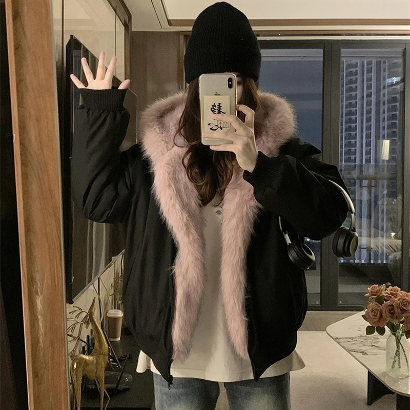 Nuevas chaquetas de invierno a la moda, ropa corta holgada de dos caras para mujer, chaqueta acolchada de algodón con capucha de piel de terciopelo de visón de imitación, abrigos de tendencia