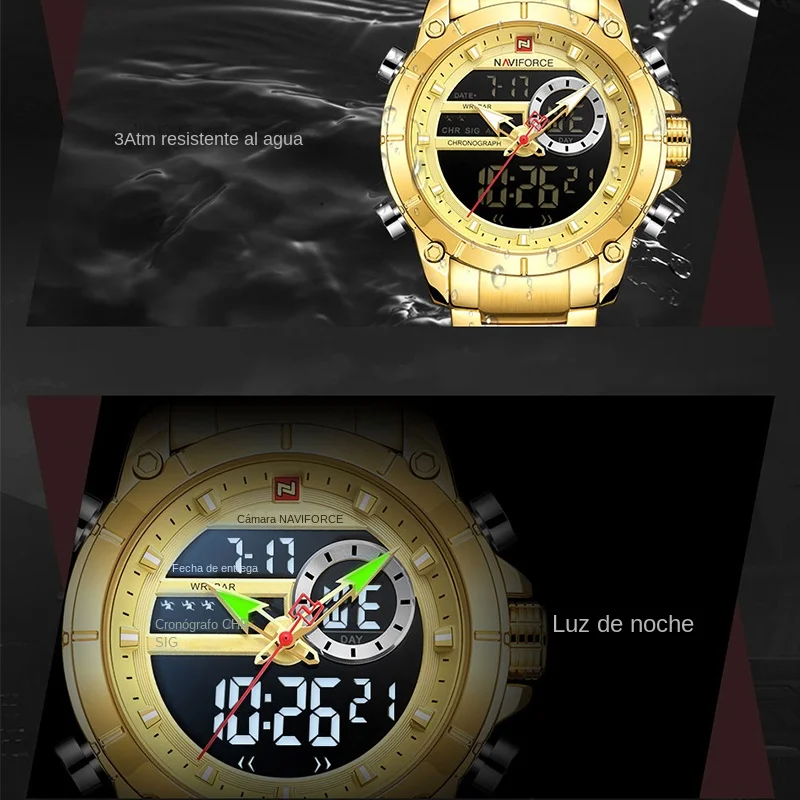 NAVIFORCE 9163 reloj de pulsera deportivo Original de lujo para hombres de cuarzo de acero resistente al agua con pantalla Dual relojes militares reloj Masculino