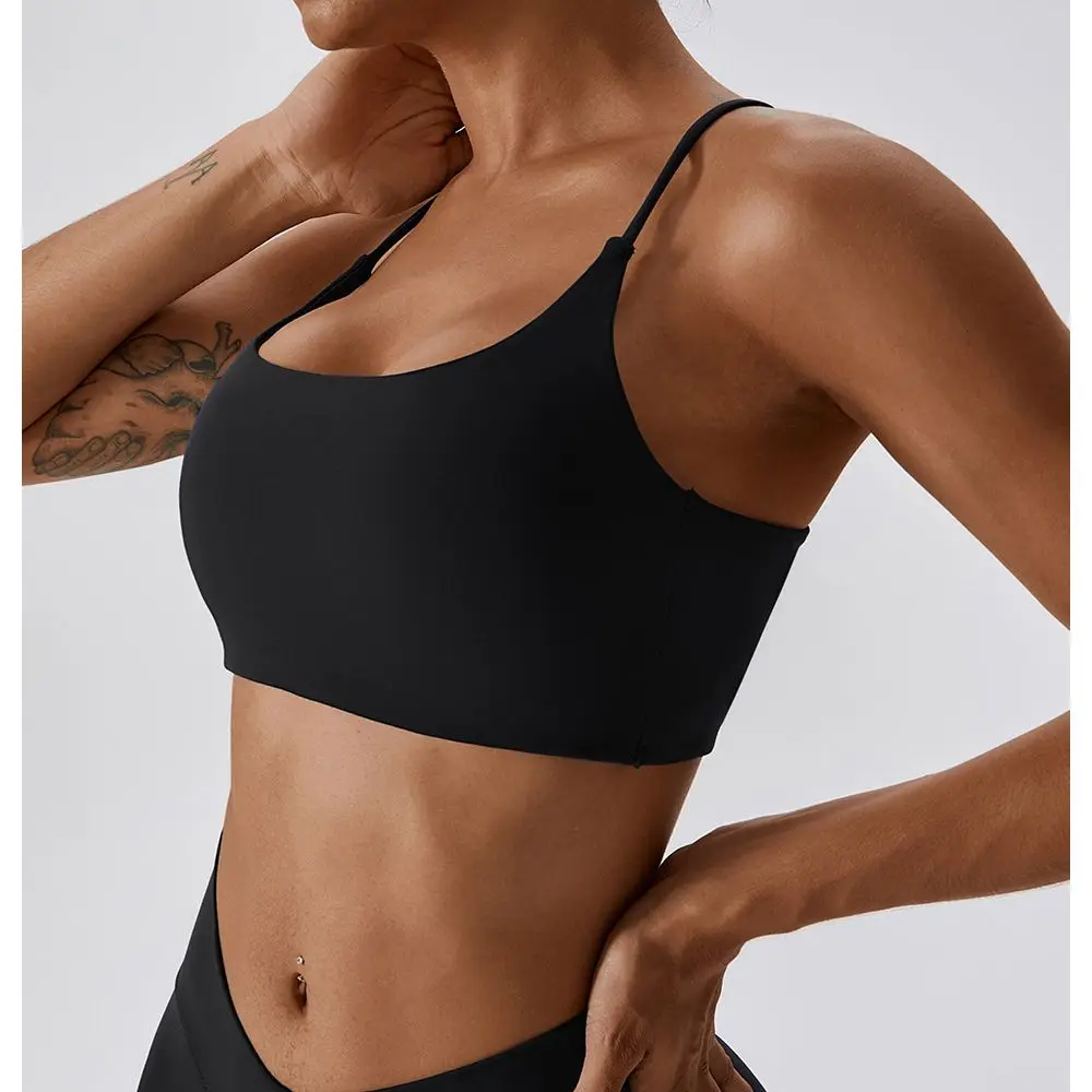 Sujetador deportivo de Color liso en forma de U con múltiples correas y espalda cruzada para mujer, Top para gimnasio, Yoga, atlético, entrenamiento ajustado, Jog suave con almohadilla para el pecho