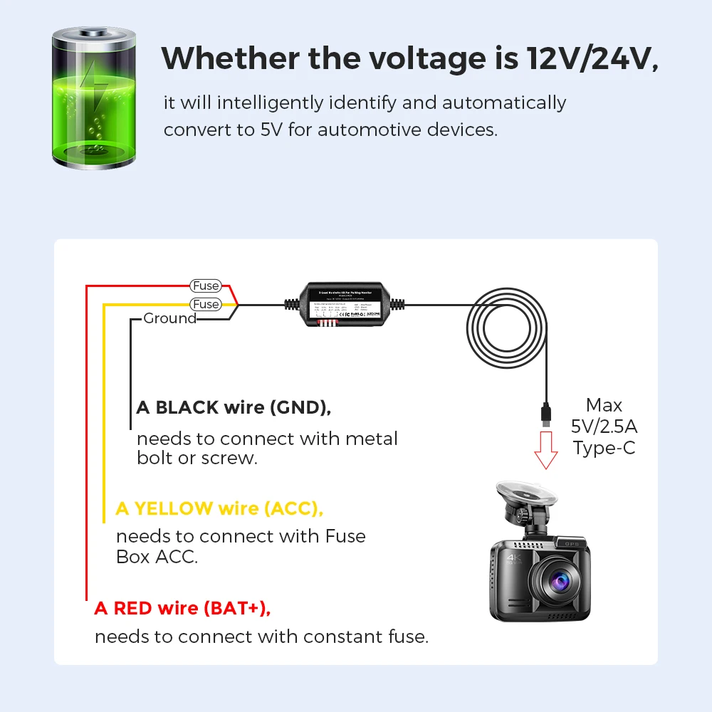 AZDOME JYX05 Kit de cables duros para grabación DVR de coche para M660/M550 Max/M300S/GS63H Pro protección de baja vol puerto tipo C 12V-24V en 5V 2.5A out