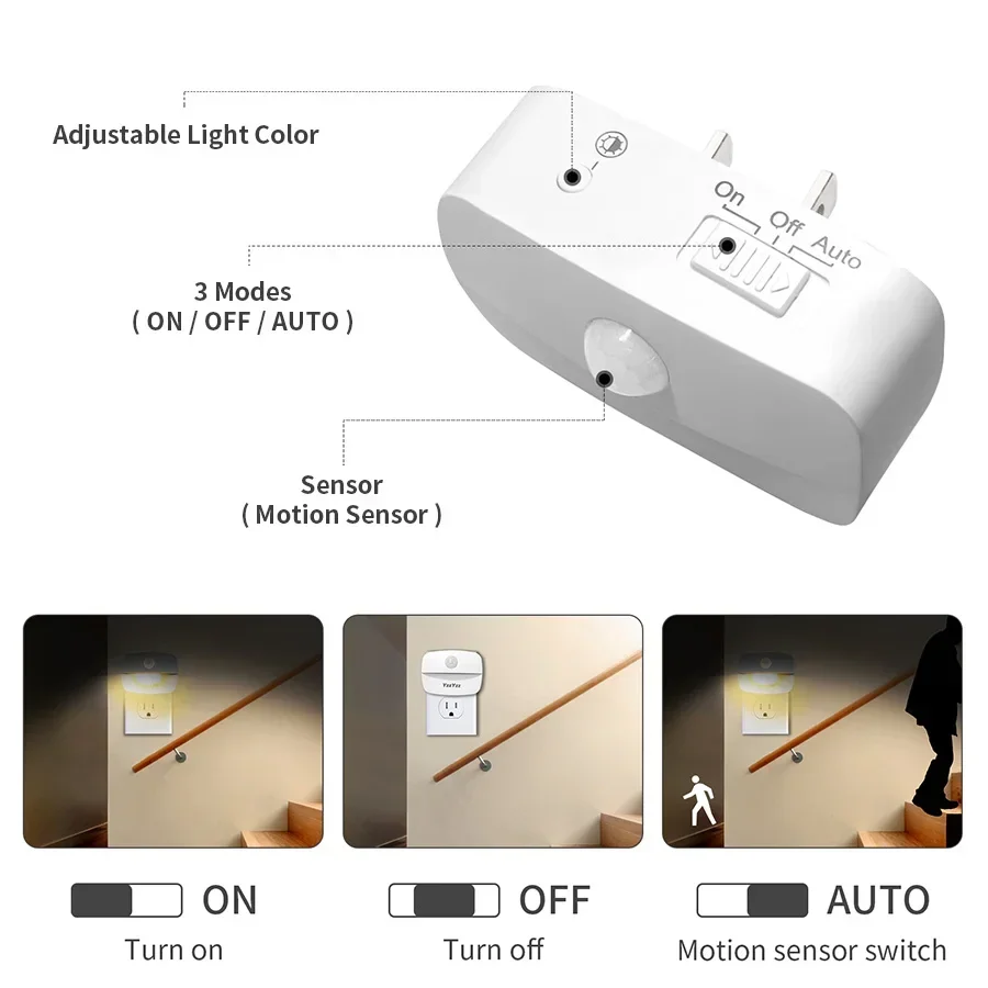 Luz nocturna Led con enchufe UE EE. UU. con Sensor de movimiento AC 85-265V PIR lámpara de inducción humana 3 colores enchufable en la pared para dormitorio pasillo
