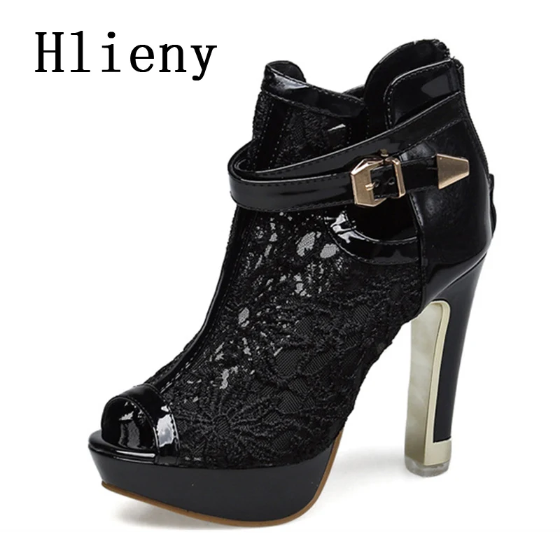 Hlieny-Botas de plataforma de tela de malla para mujer, zapatos de tacón alto con punta abierta, Stilettos para fiesta en club nocturno, Sexy, otoño