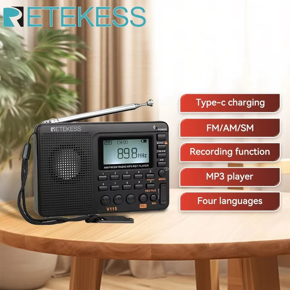 Radio RETEKESS V115 FM AM SW, Radios Portátiles Recargables, Múltiples Bandas, Grabadora USB, Altavoz para Personas Mayores TX32