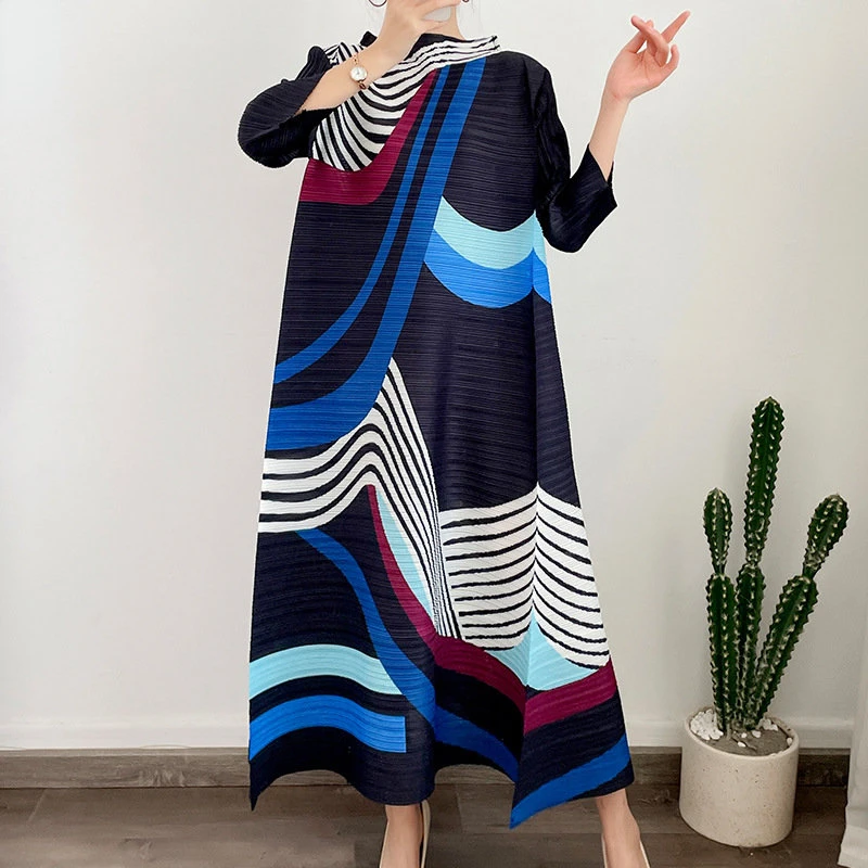 ANLAN Miyake-vestido plisado de manga larga con cuello redondo para mujer, ropa de noche, elegante, 9AK2075, 2024