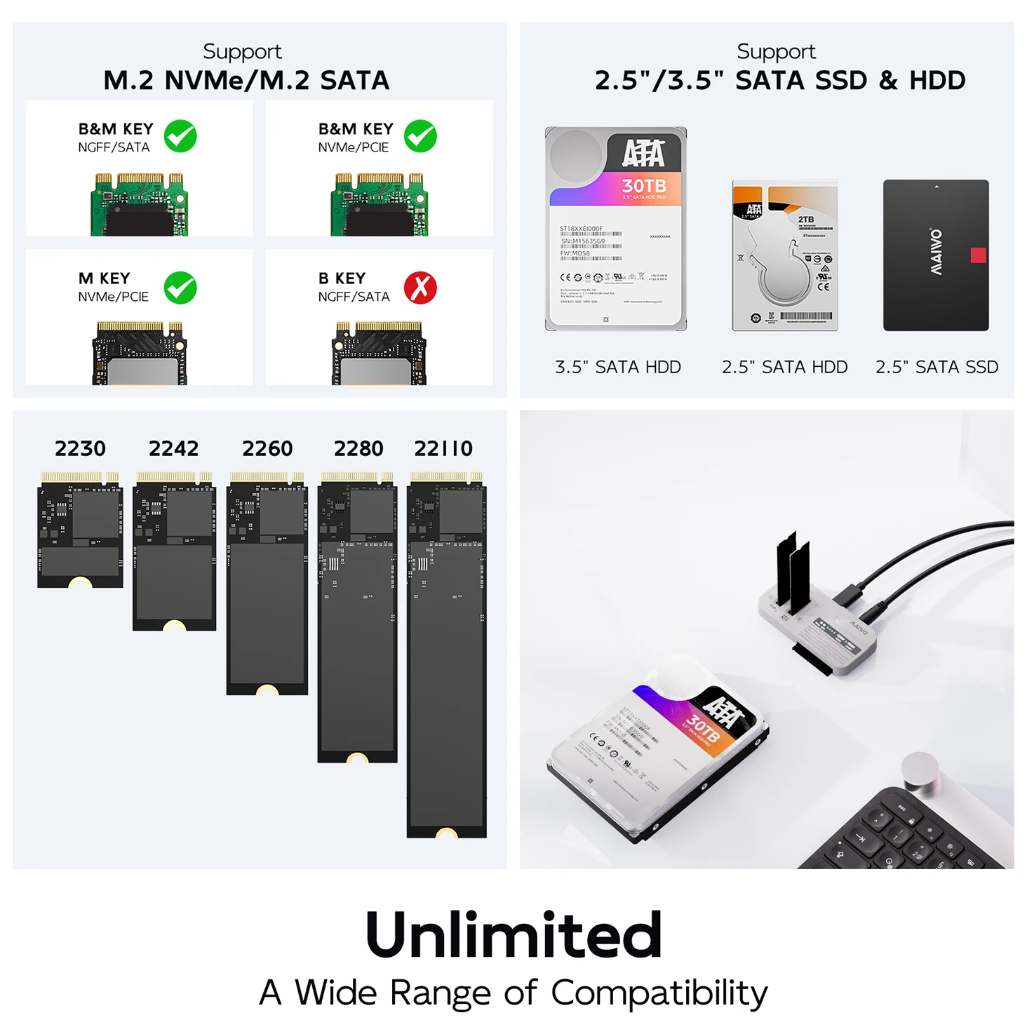 MAIWO 3 Bay 2,5/3,5 pulgadas HDD carcasa M.2 NVMe/SATA SSD con clon sin conexión USB3.2 tipo C Gen2 10Gbps HDD externo/funda SDD
