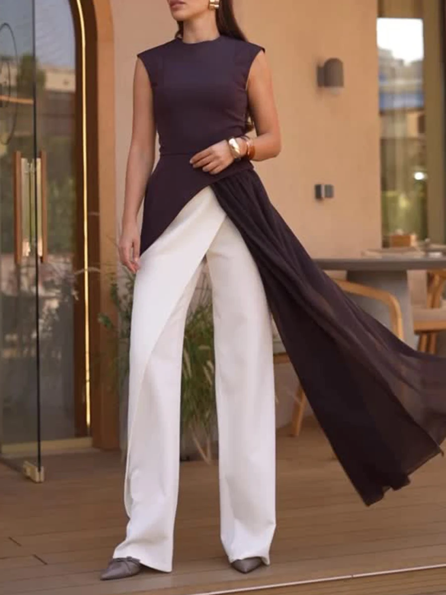 TWOTWINSTYLE, blusas irregulares con pliegues empalmados adelgazantes lisos para mujer, blusa larga sin mangas con cuello redondo y cintura alta para mujer, nueva