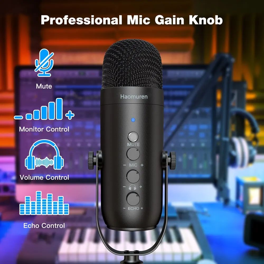 Haomuren profesional USB Streaming Podcast PC micrófono estudio cardioide condensador micrófono Kit con brazo de pluma para grabar YouTube