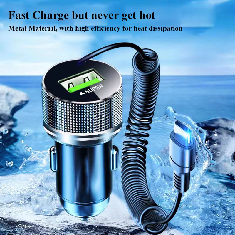 Cargador de coche USB de Metal EDEBA con Cable tipo C 12V adaptador de vehículo de carga súper rápida 2 en 1 para iPhone Samsung Huawei VIVO OPPO