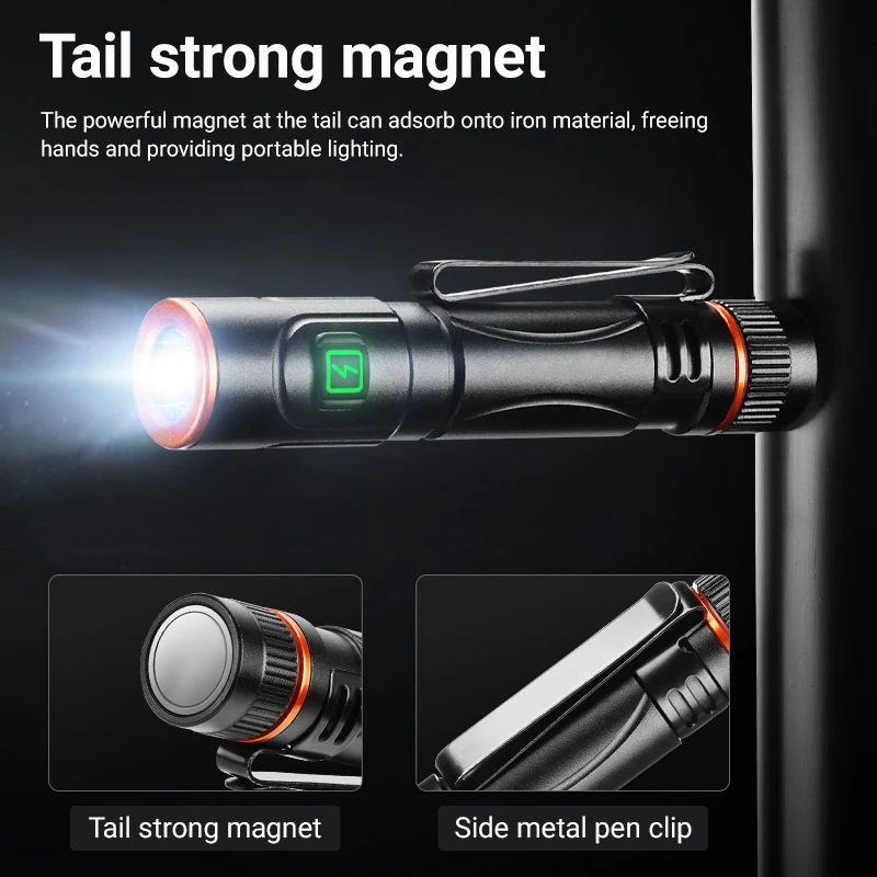 Mini linterna LED EDC de alta luminosidad, recargable por USB, con imán, pequeña linterna de bolsillo para exteriores, camping, senderismo, iluminación de emergencia