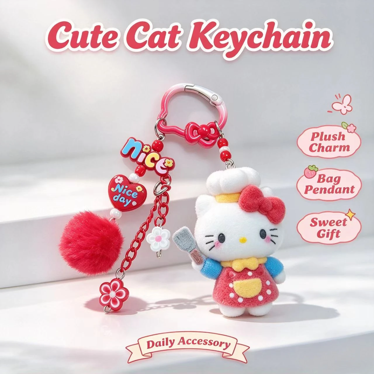 Llavero de moda con diseño de gato flocado, figura de chef adorable, accesorio para bolso, colgante de pompón, llavero de moda para mujer, regalo