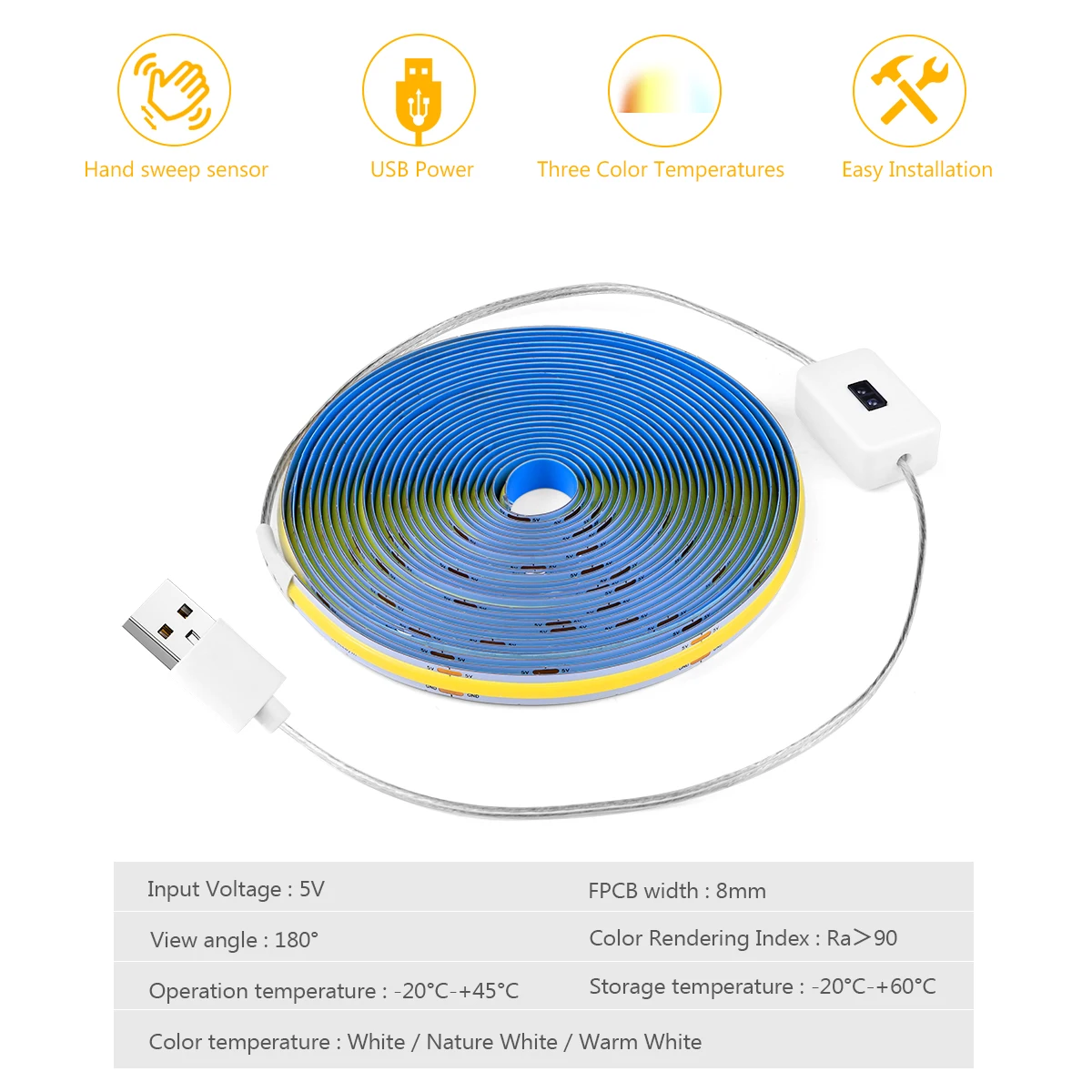 Tira de luces LED COB con Sensor de movimiento, cinta de iluminación impermeable para armario de cocina, 320 LED/M, 5V, USB, barrido manual