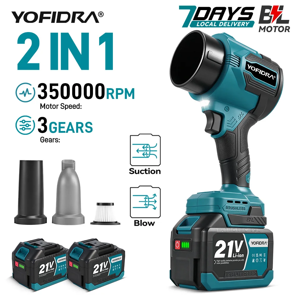 YOFIDRA 2 en 1, 350M/S, Ventilador Turbo Eléctrico sin Escobillas, Sopladores de Aire Inalámbricos, Ventilador de Chorro, Herramientas Eléctricas de Succión y Soplado de Hojas y Nieve para Batería Makita 21V