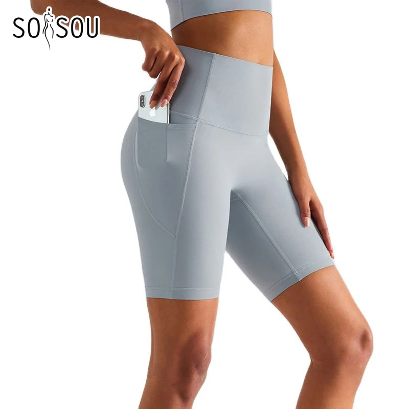 Pantalones cortos deportivos de yoga para mujer, con bolsillo, ideales para el gimnasio y actividades físicas, pantalones cortos de ciclismo para mujer, cintura alta, transpirables, sin costuras frontales, diseño que realza la figura.